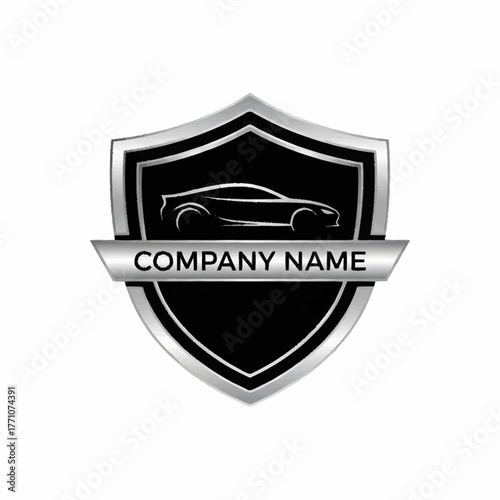 Sleek Silver and Black Automotive Shield Logo with Modern Sports Car Silhouette.