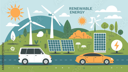 Renewable energy sources wind turbines solar panels electric cars sustainable future clean power environment 100