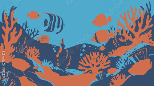 Underwater coral reef ecosystem with tropical fish ocean life and marine biodiversity illustration art