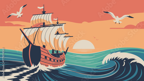 Vintage ship sailing ocean waves sunset seagulls vintage seascape retro voyage nautical adventure graphic design