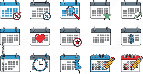 Organize your life with this collection of calendar icons representing scheduling, appointments, deadlines, reminders, and important events
