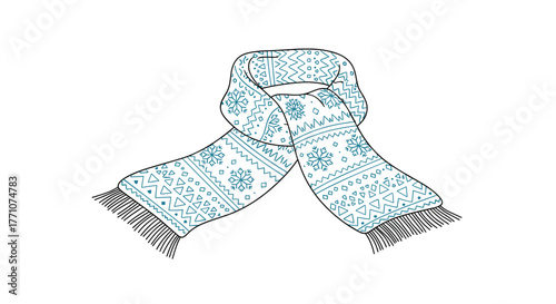 Cozy knitted winter scarf with festive snowflake and geometric patterns, tied neatly, perfect for staying warm during the cold season.