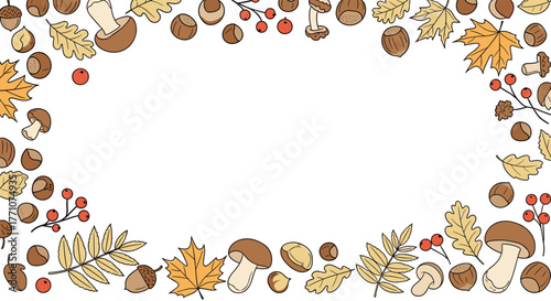 Hand-drawn autumn frame featuring an array of mushrooms, fall leaves, nuts, and berries, creating a cozy seasonal border on a clean white background.