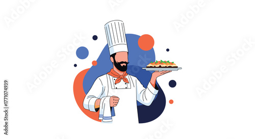 A professional male chef in a classic uniform presents a delicious meal on a silver platter, set against a modern abstract background.