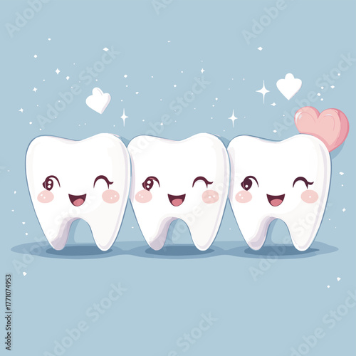 Cute cartoon teeth in a whimsical dental care scene.   , vector style simple color