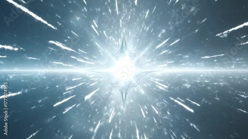 A brilliant star-like form radiates intense light and horizontal glare across a serene atmospheric expanse Faint wispy patterns float in the soft blue-grey backdrop