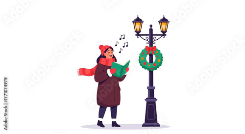 Woman Singing Christmas Carols by a Lamppost