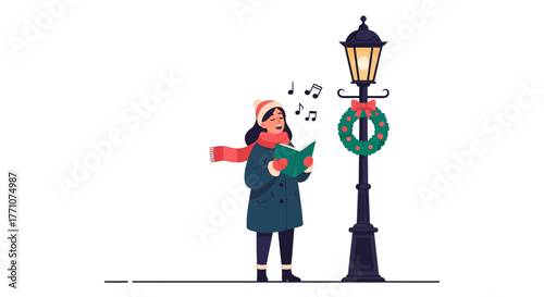 Christmas Caroler with Song Book in Winter Snow