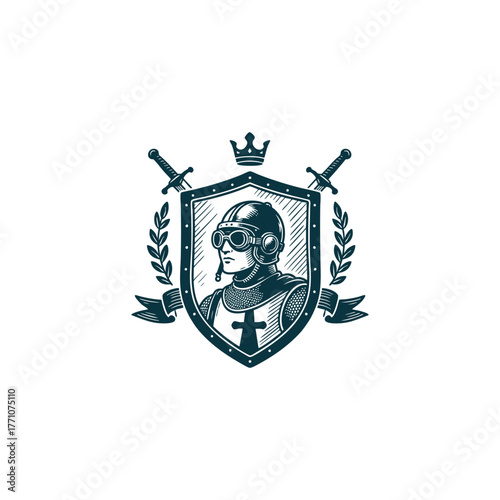 Unique, stylized illustration of a futuristic knight or crusader bust set inside a shield emblem. The figure wears chainmail and a helmet with modern pilot goggles, combining medieval and steampunk
