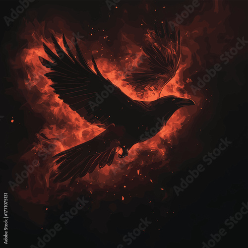 Black raven flying. Black crow. Evil bird. Glowing wings. Misty and smokey red smoke, fire and embers   , vector style simple color