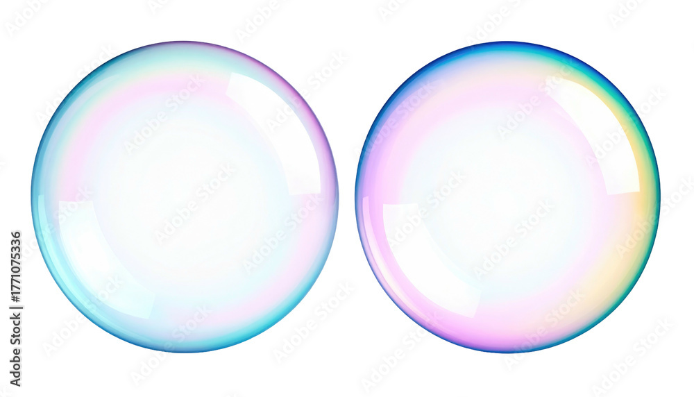 Fototapeta premium Two iridescent bubbles against a stark black background, showing delicate reflections of color in transparent spheres