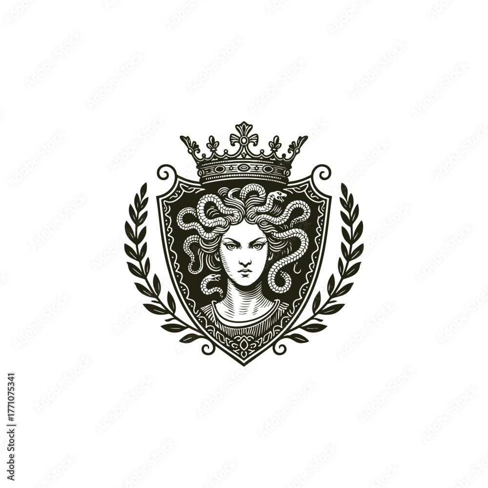 Obraz premium Dark and dramatic woodcut style illustration of Medusa's head, the Greek Gorgon, featuring snakes as hair. The fierce portrait is set within a decorated shield and crowned with a royal tiara
