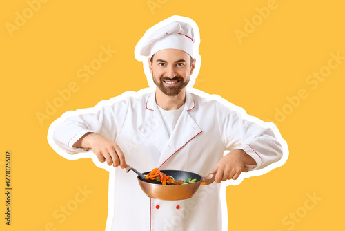 Handsome bearded chef fryin...