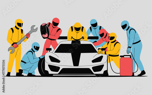 Professional pit crew illustration working on white race car, motorsport service, formula 1 racing team changing tires and refueling, high-intensity pit stop, teamwork, speed