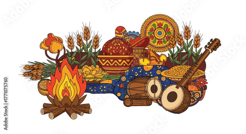 Traditional Celebration and Harvest Festival Elements Including Food, Music, and Bonfire Illustration