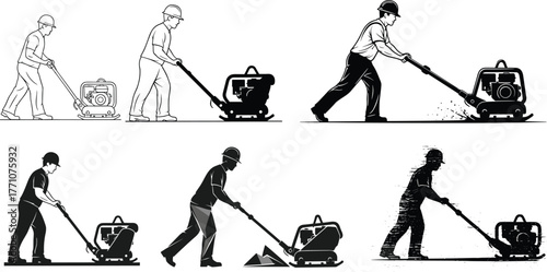 Plate compactor operation, construction worker silhouette, black vector illustration, ground leveling machine, soil compression, manual labor, industrial site equipment