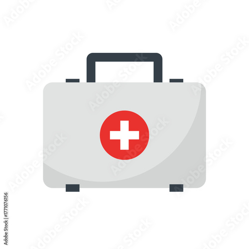 Digital art: a gray first aid kit with a red cross centered, isolated on a white background, clean, simple, and informative, no shadows.
