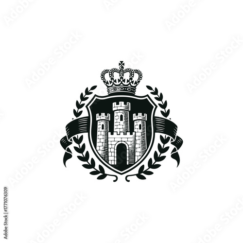 Regal and imposing woodcut style emblem featuring a medieval castle with multiple towers inside a shield crest. The design is elegantly topped with a crown and framed by lush laurel wreaths and a ribb