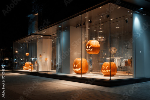 Modern storefront with illuminated jack-o’-lantern pumpkins arranged under spotlights, creating a stylish Halloween night scene.