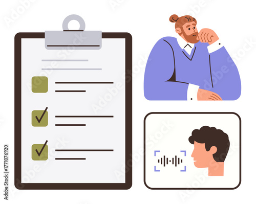 Man in deep thought with clipboard checklist and voice recognition panel. Ideal for productivity, planning, technology, task management, decision-making, goal setting, innovation. Simple flat
