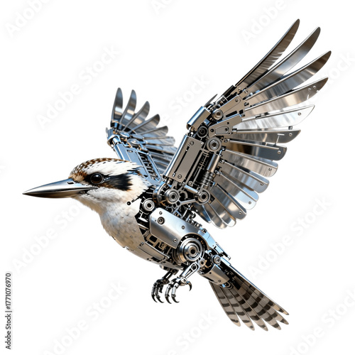 Mechanical kookaburra soars with metallic wings.