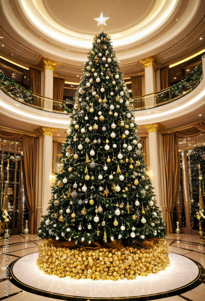 Fototapeta premium Luxurious Christmas tree adorned with crystal ornaments, gold garlands, and LED lights