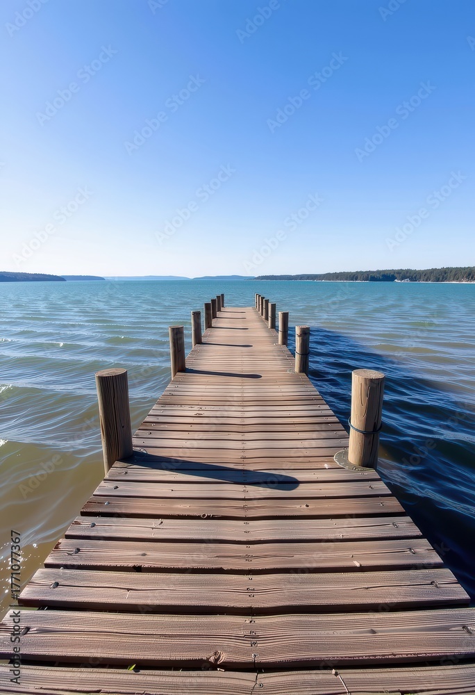 Naklejka premium Weathered wooden pier extending into a calm, vast lake under a clear sky, rustic, serene landscape