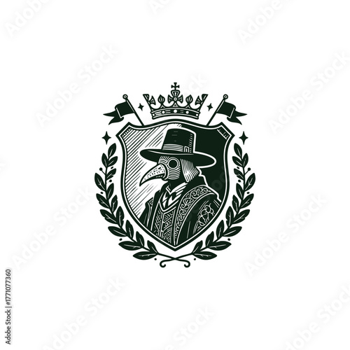 Vintage engraving style illustration of a mysterious Plague Doctor wearing the iconic beak mask, wide-brimmed hat, and traditional cloak