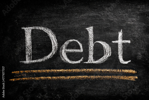 The word “Debt” written in white chalk on a blackboard, symbolizing education, awareness, and financial responsibility.