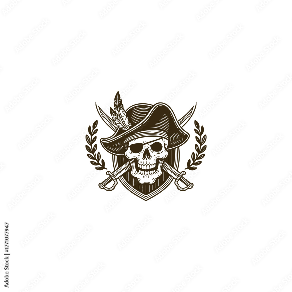 Fototapeta premium Vintage engraving style illustration of a pirate emblem featuring a menacing skull wearing a tricorn hat with a feather and a jolly roger symbol, centered on a shield or coat of arms