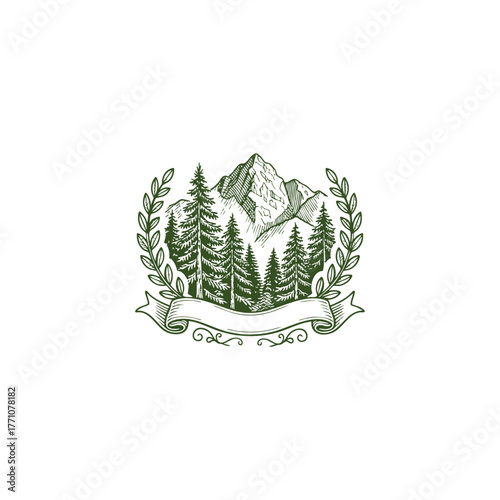 Vintage engraving style illustration of a majestic mountain peak towering above a dense forest of evergreen pine trees
