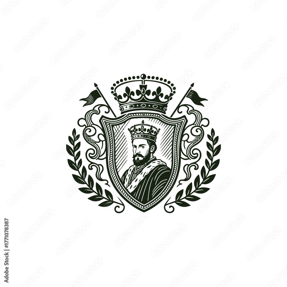 Fototapeta premium Elaborate vintage engraving style illustration of a majestic King or Emperor wearing a crown and royal robe, positioned inside a highly ornate shield or coat of arms