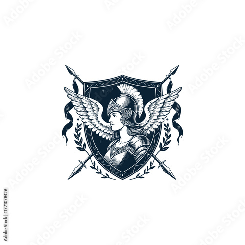 Vintage engraving style illustration of a powerful female warrior or goddess, resembling Athena or a Valkyrie, wearing a feathered helmet and armor, flanked by large wings