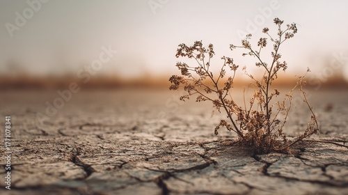 Resilient dry plant thrives defiantly in cracked arid earth, symbolizing hope and survival against harsh environmental conditions.