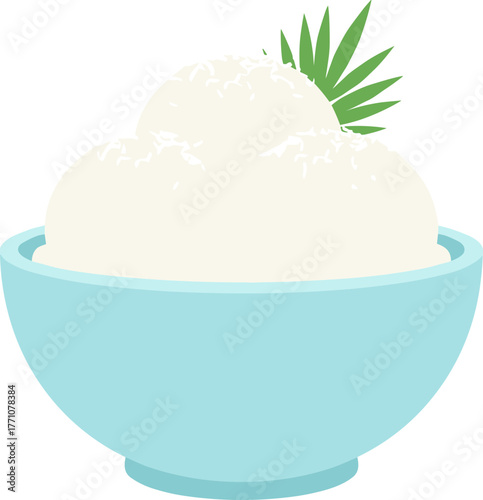 Flat Design Coconut Ice Cream in Blue Bowl Sweet Dessert Illustration