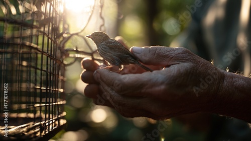 Gentle hands cradle a small bird near a cage bathed in warm golden hour sunlight, symbolizing freedom and new beginnings.