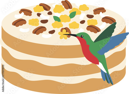 Flat Layered Cake with Hummingbird Illustration for Celebration Decoration