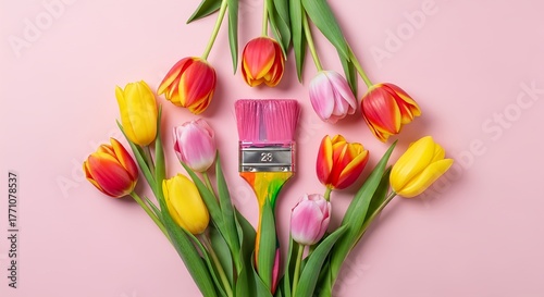 A fresh, beautiful bouquet of colorful spring tulips in pink, red, and purple blossom