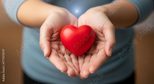 Woman's hands holding a red heart shape symbol of love and care a perfect concept for Valentine's Day