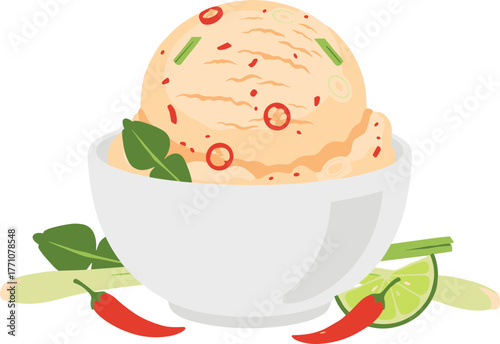 Detailed Style of Tom Yum Ice Cream Served in White Bowl Illustration