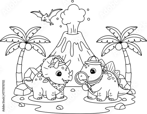 Cute cartoon dinosaurs (triceratops explorer and stegosaurus detective) investigating an erupting volcano with palm trees and pterodactyl in a fun outline coloring page