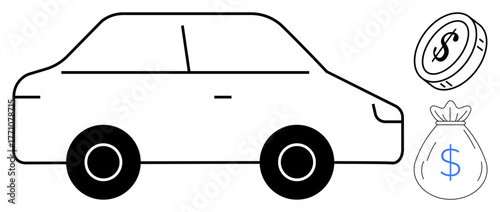 Vehicle with coin and money bag symbolizing car purchasing, financing, insurance, loans, saving, leasing, and affordability. Ideal for economics value assessment commerce. Clean simple flat