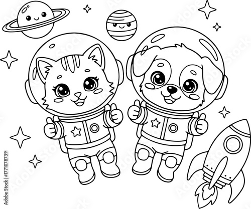 Adorable cat and dog astronauts thumbs up in space with planets, stars, and rocket. Cute outline coloring page vector