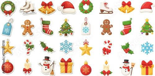 A collection of Christmas-themed stickers or icons, featuring items like wreaths, ice skates, bells, Santa hats, stockings, snowmen, presents, and gingerbread men. They are arranged in rows