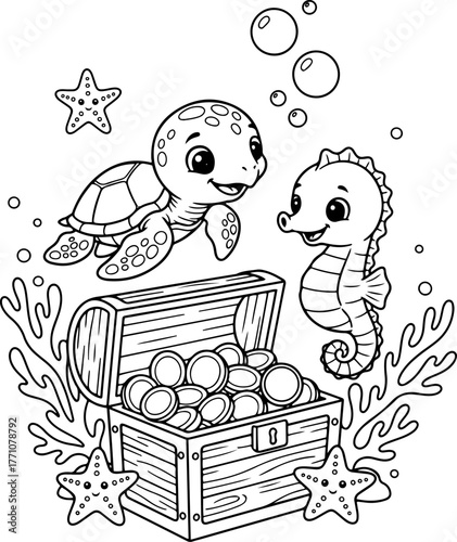 Adorable outline coloring page of a cute sea turtle and seahorse discovering a treasure chest with coins, bubbles, starfish, and coral underwater
