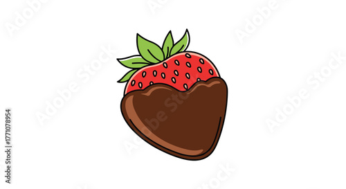 A single strawberry dipped in rich dark chocolate, with green leaves at the top.