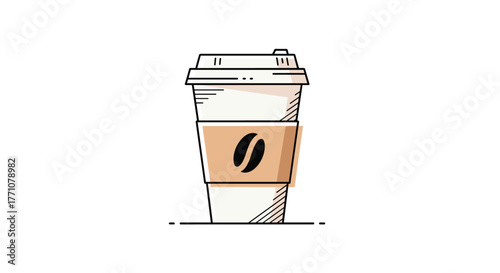 Stylized illustration of a paper coffee cup with a lid and a brown sleeve featuring a coffee bean logo.