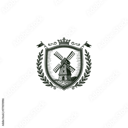 Vintage engraving style emblem featuring a traditional European windmill inside a crest shield, framed by a laurel wreath and topped with a royal crown.