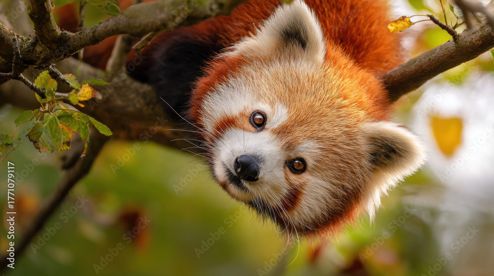Fototapeta premium Playful red panda hanging upside down from tree branch with soft fur and curious eyes in natural green forest background