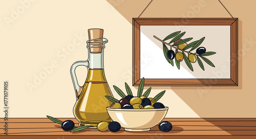 A still life composition featuring a bottle of olive oil, a bowl of olives, and a framed painting of an olive branch.